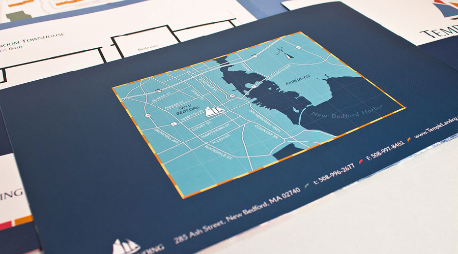 Photo of the back cover of the Temple Landing Brochure showing the stylized area map and contact information