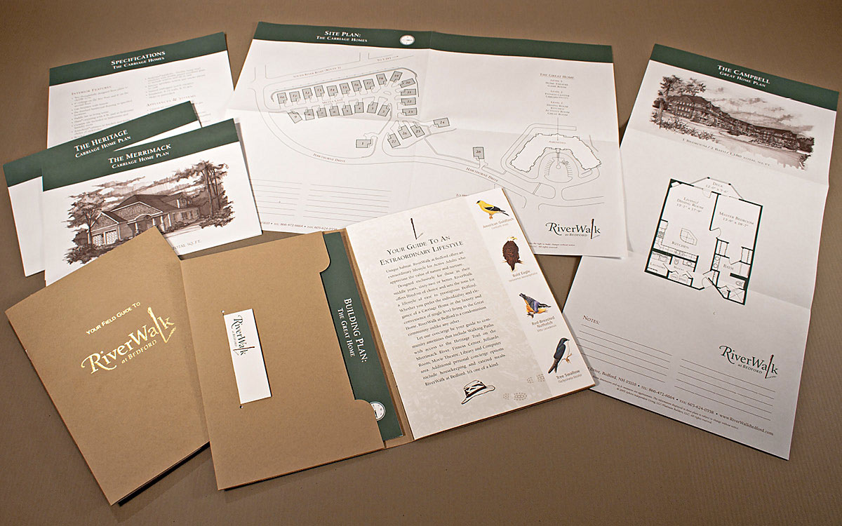 Photo of the marketing brochure system for RiverWalk at Bedford showing the brochure, pocket, and floorpan and site plan inserts